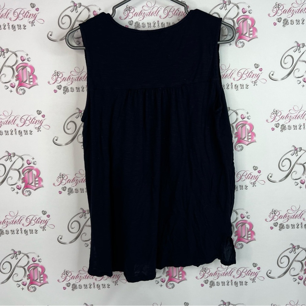 Tribal tank top embroidered Navy Blue Sleeveless Top floral flowers shirt - Picture 2 of 11